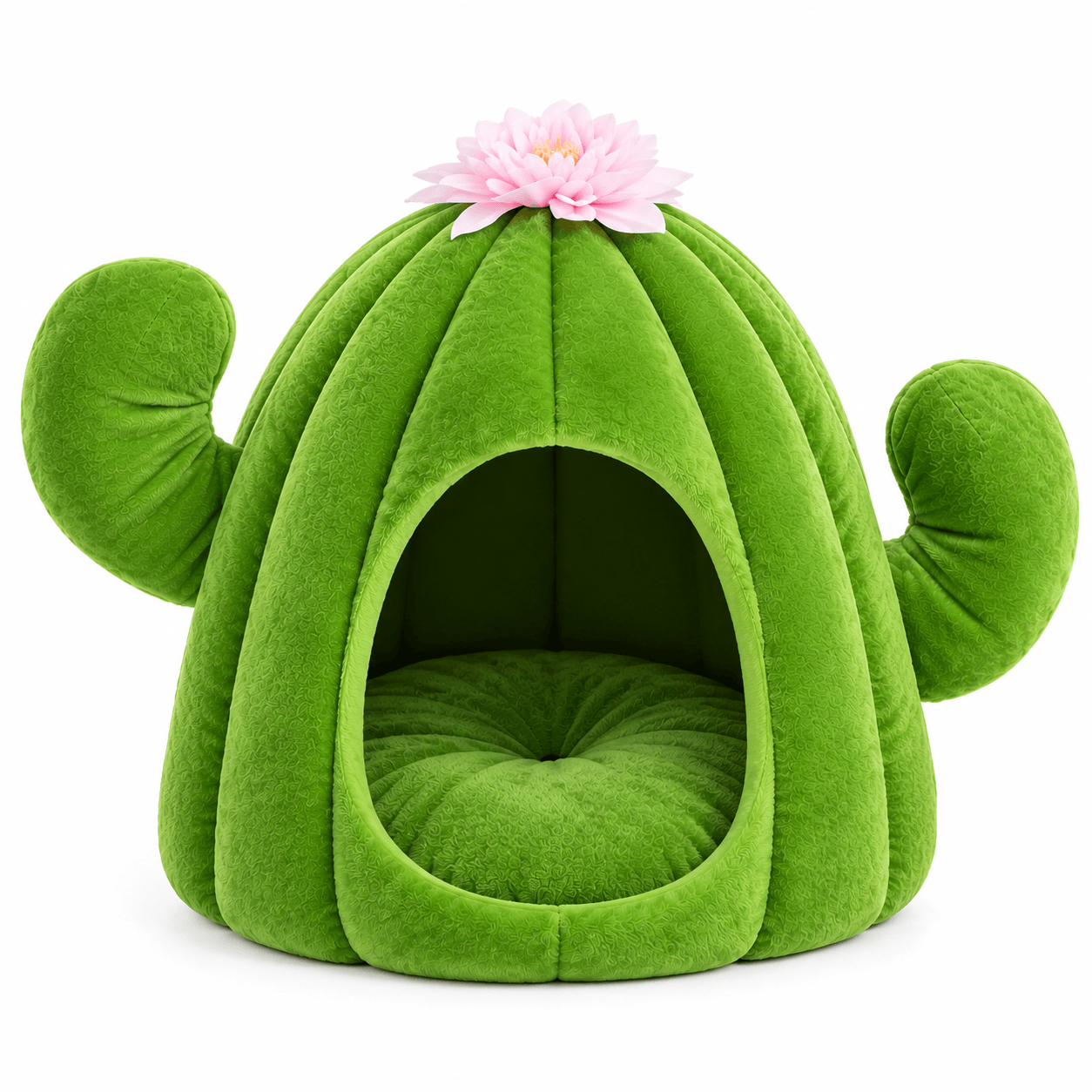 Custom Cactus Cat Bed Manufacturer in China | OEM & ODM Green Plush Cat Cave with Pink Flower